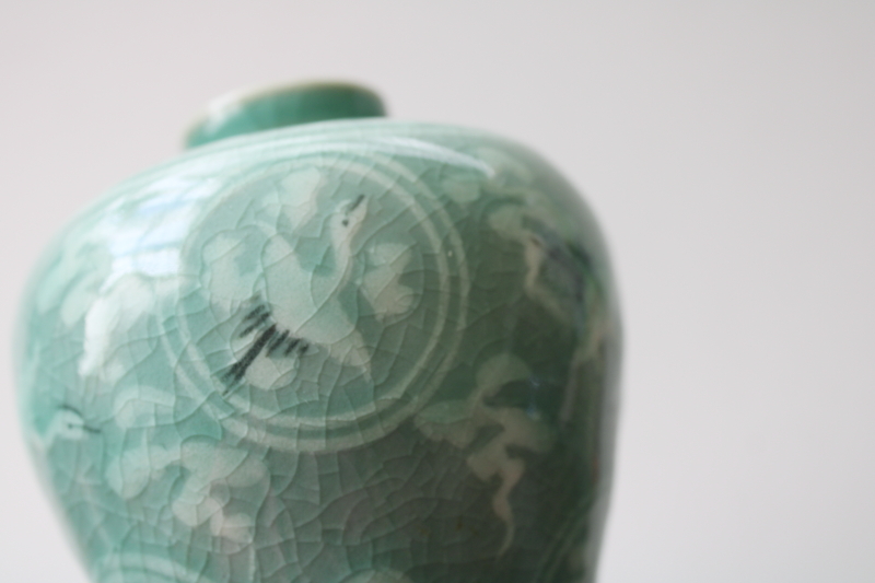 photo of vintage Korea celedon green vase, meiping shape w/ cranes design crackle glaze ceramic  #6