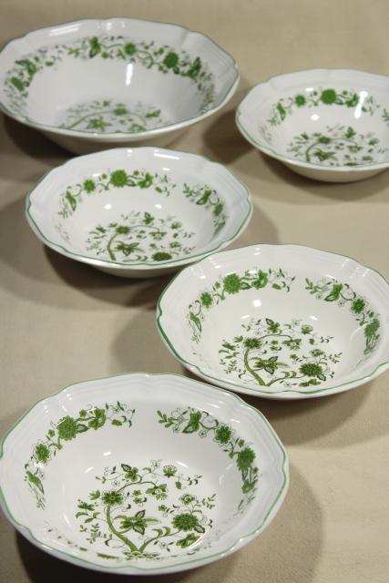 photo of vintage Korea stoneware pottery salad bowls set, green India tree of life transferware pattern #1