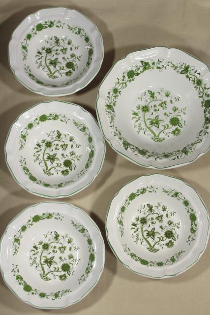 photo of vintage Korea stoneware pottery salad bowls set, green India tree of life transferware pattern #3