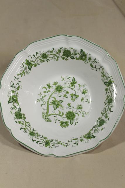 photo of vintage Korea stoneware pottery salad bowls set, green India tree of life transferware pattern #7