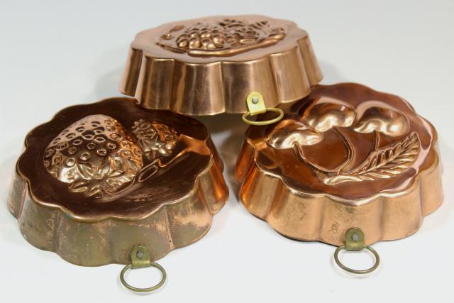 photo of vintage Korea tinned copper molds, fruit jello mold wall hanging collection #4