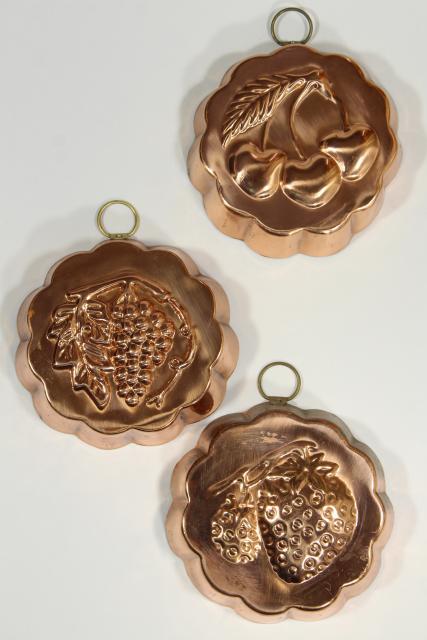 photo of vintage Korea tinned copper molds, fruit jello mold wall hanging collection #7