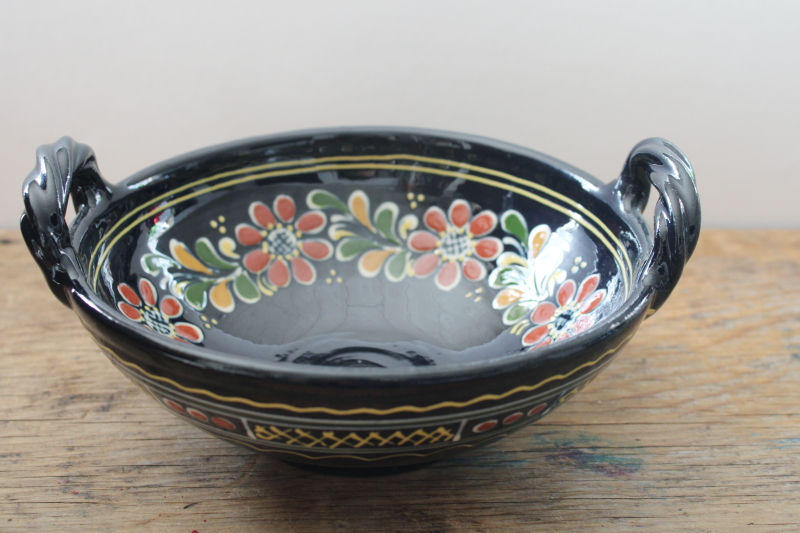 photo of vintage Korond Romania hand painted pottery bowl, Transylvanian folk art flowers bright colors on black  #1