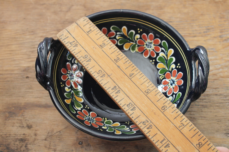 photo of vintage Korond Romania hand painted pottery bowl, Transylvanian folk art flowers bright colors on black  #2