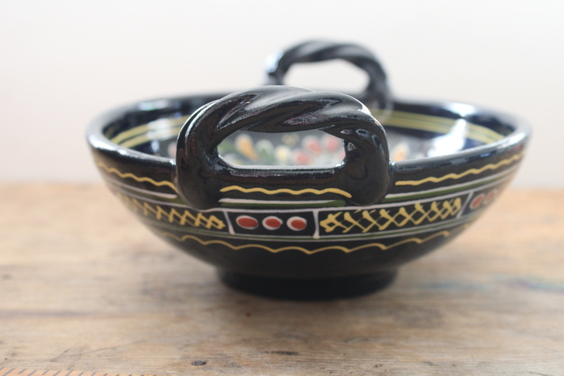 photo of vintage Korond Romania hand painted pottery bowl, Transylvanian folk art flowers bright colors on black  #3