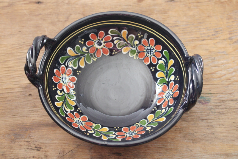 photo of vintage Korond Romania hand painted pottery bowl, Transylvanian folk art flowers bright colors on black  #6
