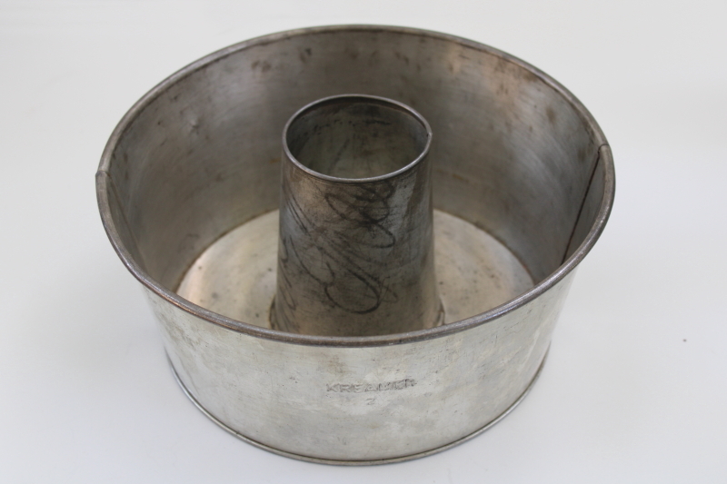 photo of vintage Kreamer brand heavy tinned steel ring mold tube cake pan, antique kitchenware #1