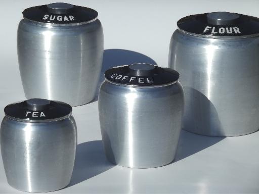 photo of vintage Kromex spun aluminum canister set, retro kitchen canisters #1