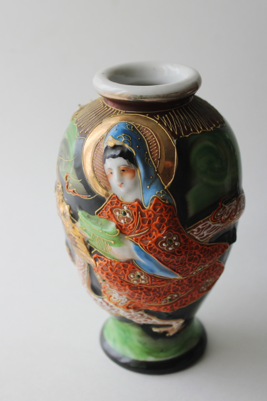 photo of vintage Kutani porcelain vase, hand painted moriage Immortal Benzaiten, goddess of wealth & good fortune  #1