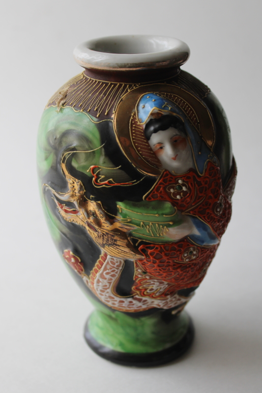 photo of vintage Kutani porcelain vase, hand painted moriage Immortal Benzaiten, goddess of wealth & good fortune  #8