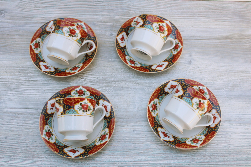 photo of vintage Kyoto pattern china cups and saucers Imari red & blue w/ flowering branches #1