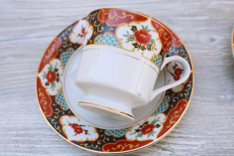 photo of vintage Kyoto pattern china cups and saucers Imari red & blue w/ flowering branches #2