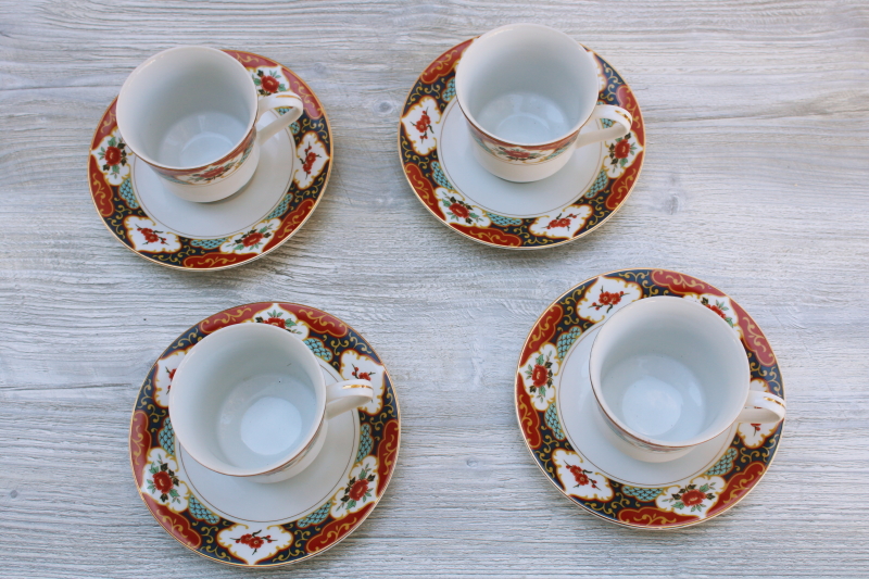 photo of vintage Kyoto pattern china cups and saucers Imari red & blue w/ flowering branches #3