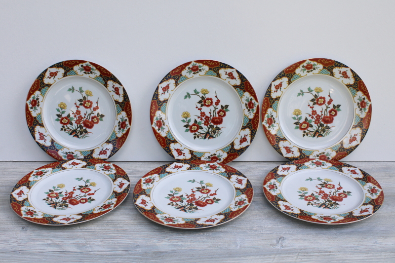 photo of vintage Kyoto pattern china dinner plates Imari red & blue w/ flowering branches #1