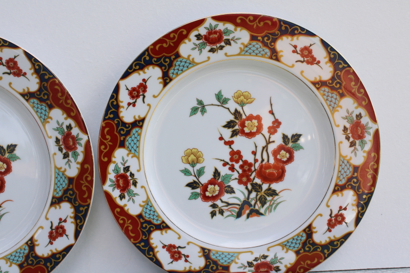 photo of vintage Kyoto pattern china dinner plates Imari red & blue w/ flowering branches #2