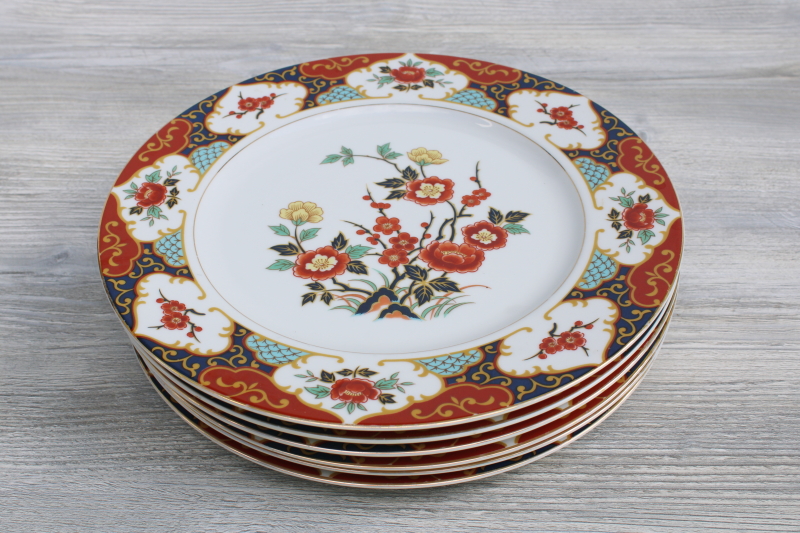 photo of vintage Kyoto pattern china dinner plates Imari red & blue w/ flowering branches #4