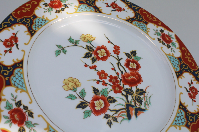 photo of vintage Kyoto pattern china dinner plates Imari red & blue w/ flowering branches #5