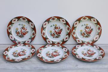 catalog photo of vintage Kyoto pattern china dinner plates Imari red & blue w/ flowering branches