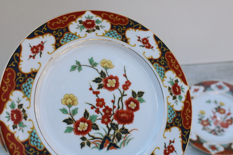 photo of vintage Kyoto pattern china salad plates Imari red & blue w/ flowering branches #2