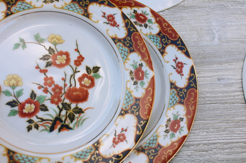 photo of vintage Kyoto pattern china salad plates Imari red & blue w/ flowering branches #5