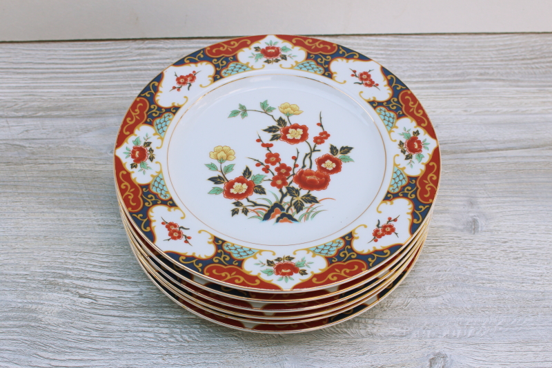 photo of vintage Kyoto pattern china salad plates Imari red & blue w/ flowering branches #6