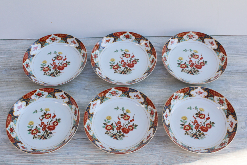 photo of vintage Kyoto pattern china soup bowls Imari red & blue w/ flowering branches #2