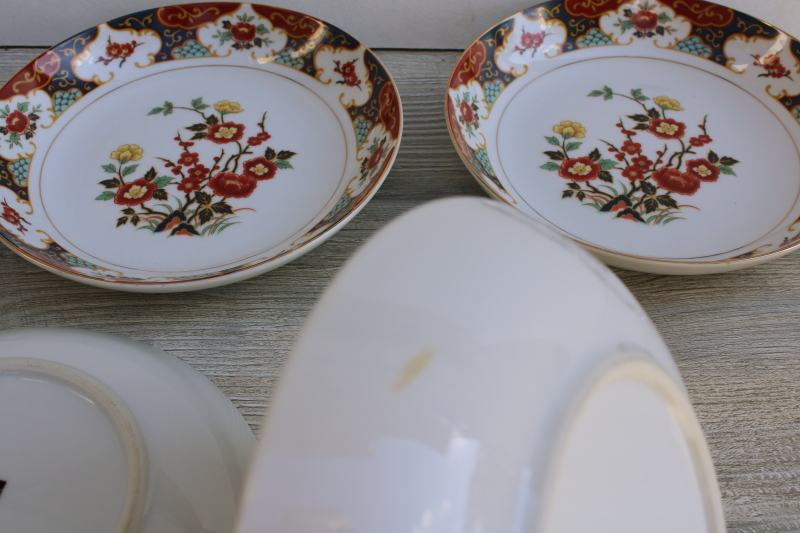 photo of vintage Kyoto pattern china soup bowls Imari red & blue w/ flowering branches #6