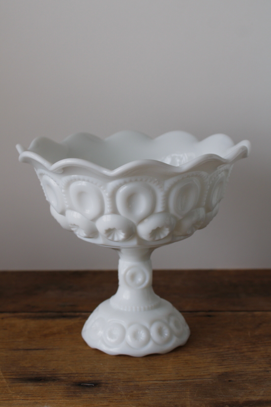 photo of vintage L E Smith glass moon & stars opaque white milk glass, large compote bowl  #1