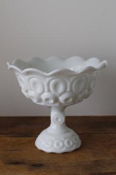 catalog photo of vintage L E Smith glass moon & stars opaque white milk glass, large compote bowl 