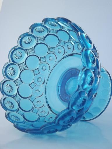 photo of vintage L E Smith moon & stars  glass compote bowl, retro aqua blue glass #3