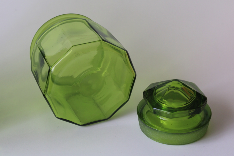 photo of vintage L E Smith paneled pattern glass canister jar, small jar w/ lid, dark green #5