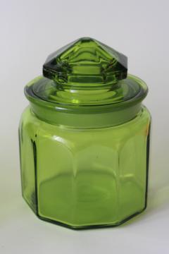 catalog photo of vintage L E Smith paneled pattern glass canister jar, small jar w/ lid, dark green