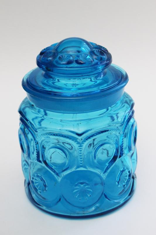 photo of vintage LE Smith blue glass Moon & Stars pattern small canister jar w/ lid #1