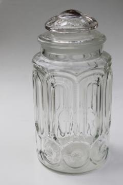 catalog photo of vintage LE Smith moon and stars clear glass kitchen canister, flour or cookie jar