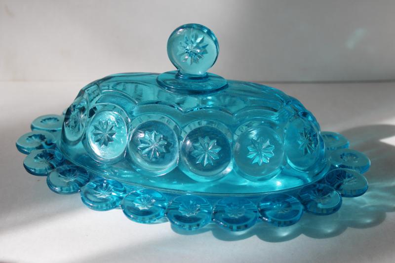 photo of vintage LE Smith moon & stars blue glass covered butter dish, plate & lid #1