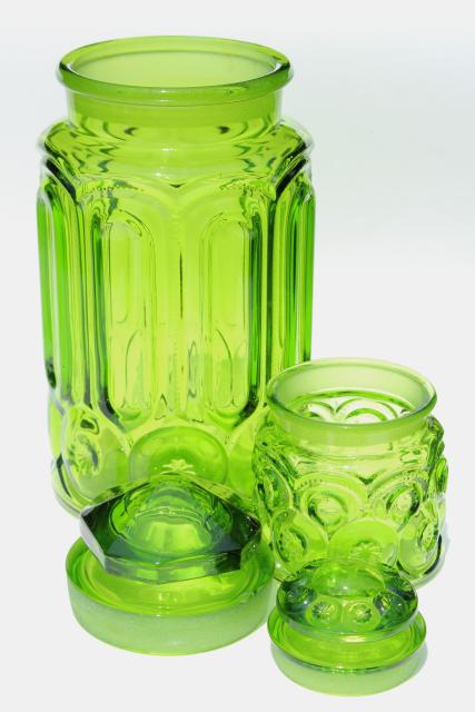 photo of vintage LE Smith moon & stars pattern glass canisters, green glass jars w/ lids #2