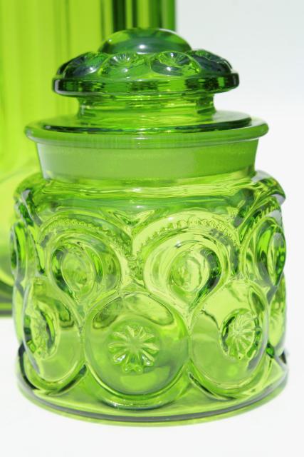 photo of vintage LE Smith moon & stars pattern glass canisters, green glass jars w/ lids #3