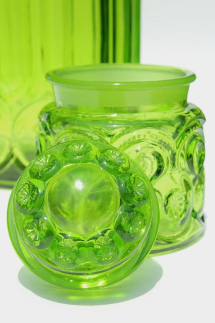 photo of vintage LE Smith moon & stars pattern glass canisters, green glass jars w/ lids #4