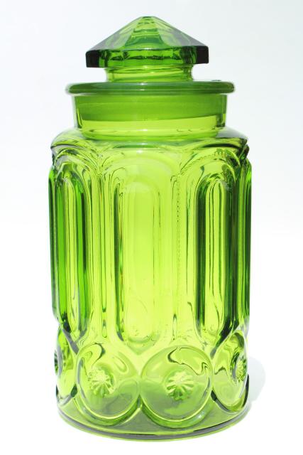 photo of vintage LE Smith moon & stars pattern glass canisters, green glass jars w/ lids #5