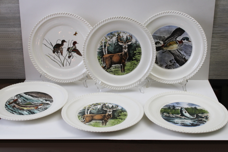photo of vintage LL Bean Delano Studios wildlife print dinner plates, game birds, fish, deer  #1