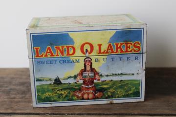 catalog photo of vintage Land O Lakes butter box print metal tin for recipe cards, Indian maiden illustration 