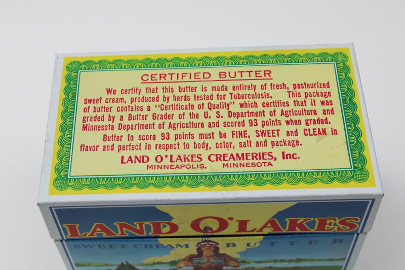 photo of vintage Land O Lakes butter recipe box, Ohio Art metal tin old graphics Indian maiden #2