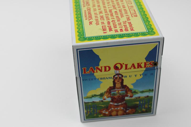 photo of vintage Land O Lakes butter recipe box, Ohio Art metal tin old graphics Indian maiden #3