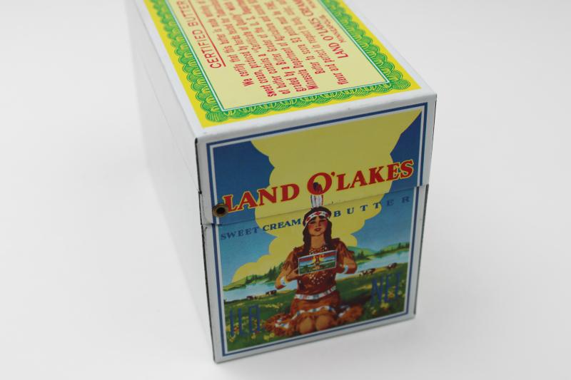 photo of vintage Land O Lakes butter recipe box, Ohio Art metal tin old graphics Indian maiden #5