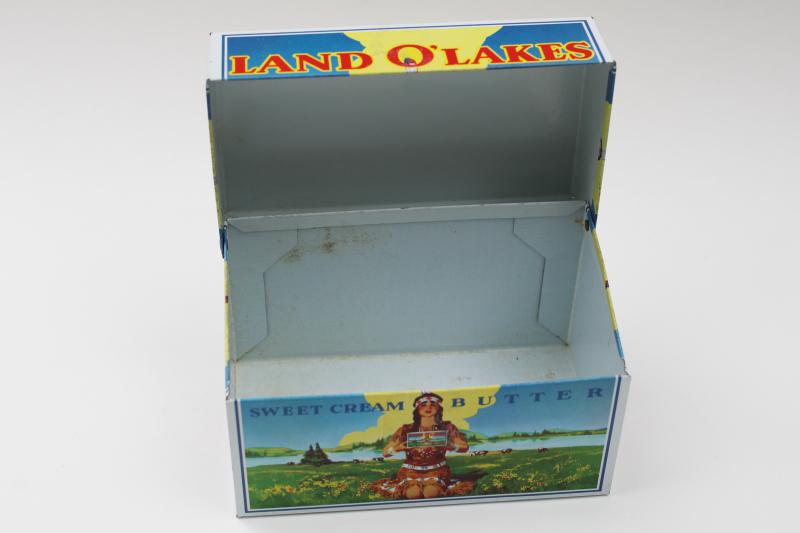 photo of vintage Land O Lakes butter recipe box, Ohio Art metal tin old graphics Indian maiden #6