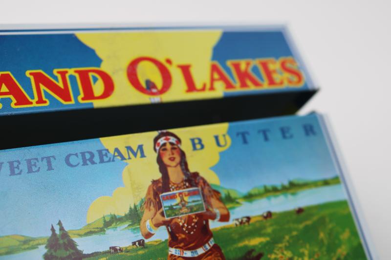 photo of vintage Land O Lakes butter recipe box, Ohio Art metal tin old graphics Indian maiden #7