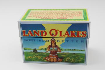 catalog photo of vintage Land O Lakes butter recipe box, Ohio Art metal tin old graphics Indian maiden