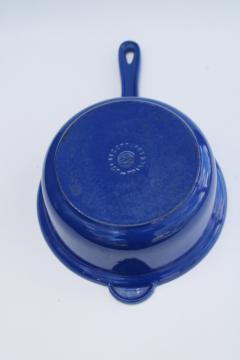 catalog photo of vintage Le Creuset France blue enamel cast iron saucepan, pot without lid 