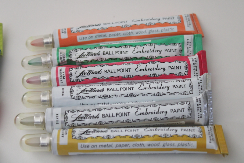 photo of vintage LeeWards fabric embroidery paint tubes, set of fluorescent colors in original box #5