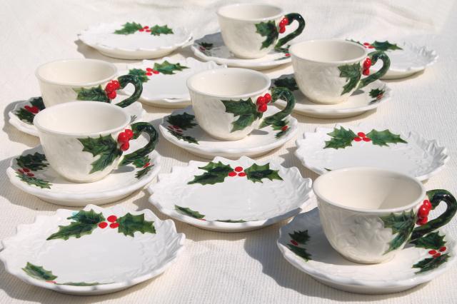 photo of vintage Lefton Christmas holly white china coffee cups dessert plates set, hand painted Japan #1